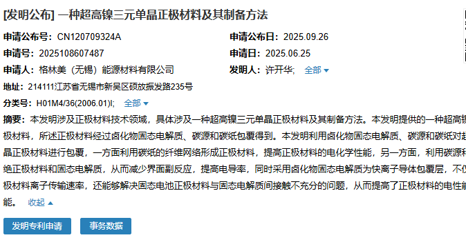 無(wú)錫格林美成功申請(qǐng)“一種超高鎳三元單晶正極材料及其制備方法”專利